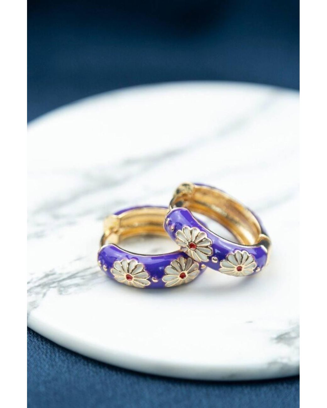 The Colourful Aura Blue Large Huggie Multicolour Floral Hoop Earrings