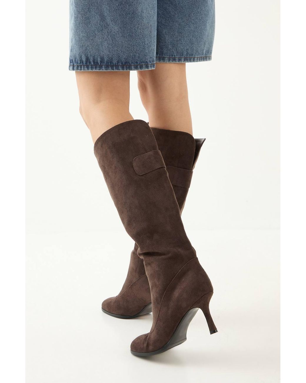 MissPap Black Faux Suede Square Toe Stiletto Heel Knee Boots