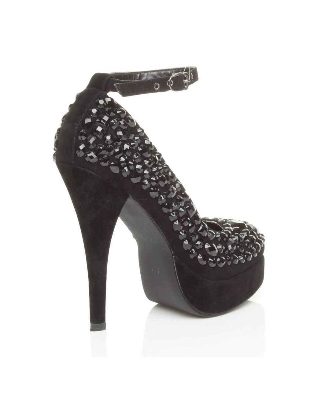 AJVANI Black High Heel Ankle Strap Gem Court Shoes