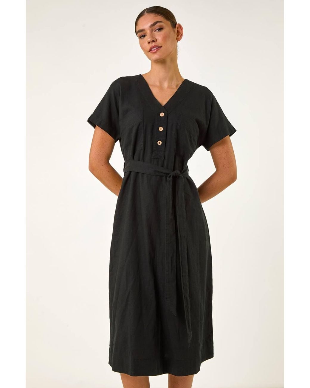 Roman Black Button Linen Mix Midi Dress