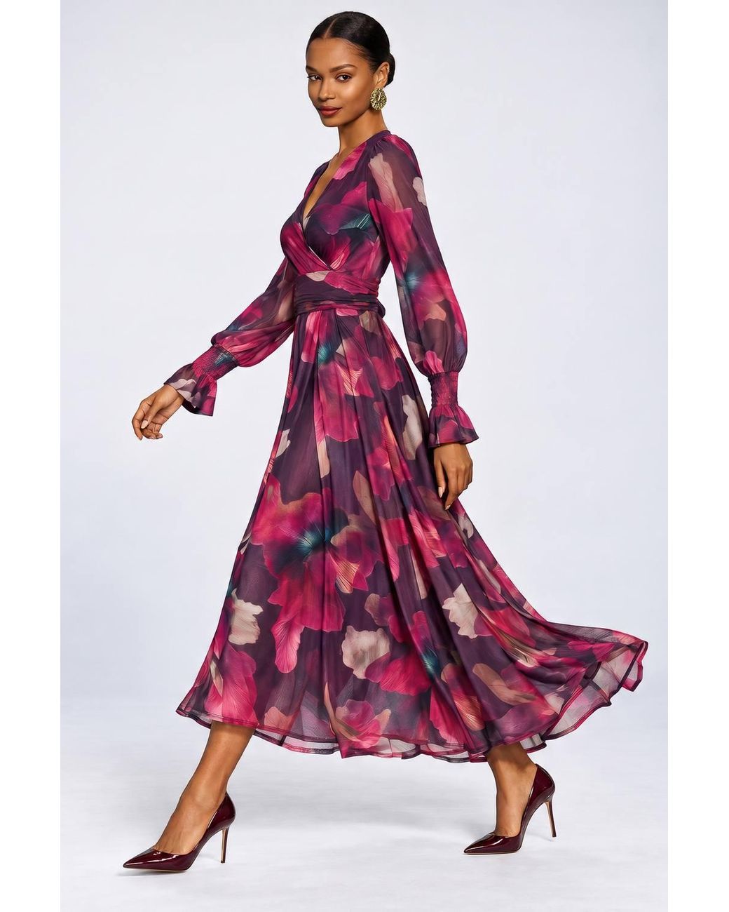 Jolie Moi Red Long Sleeve V Neck Mesh Maxi Dress