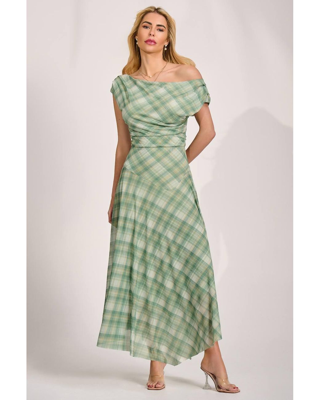 Jolie Moi Green Asymmetric Draped Mesh Maxi Dress