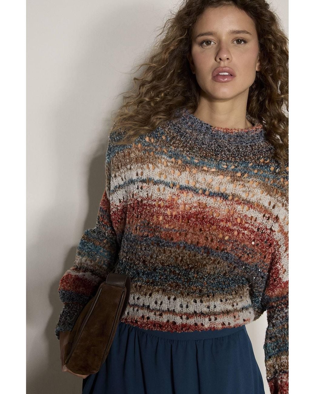 Apricot Brown Open Knit Multi-Coloured Oversized Jumper