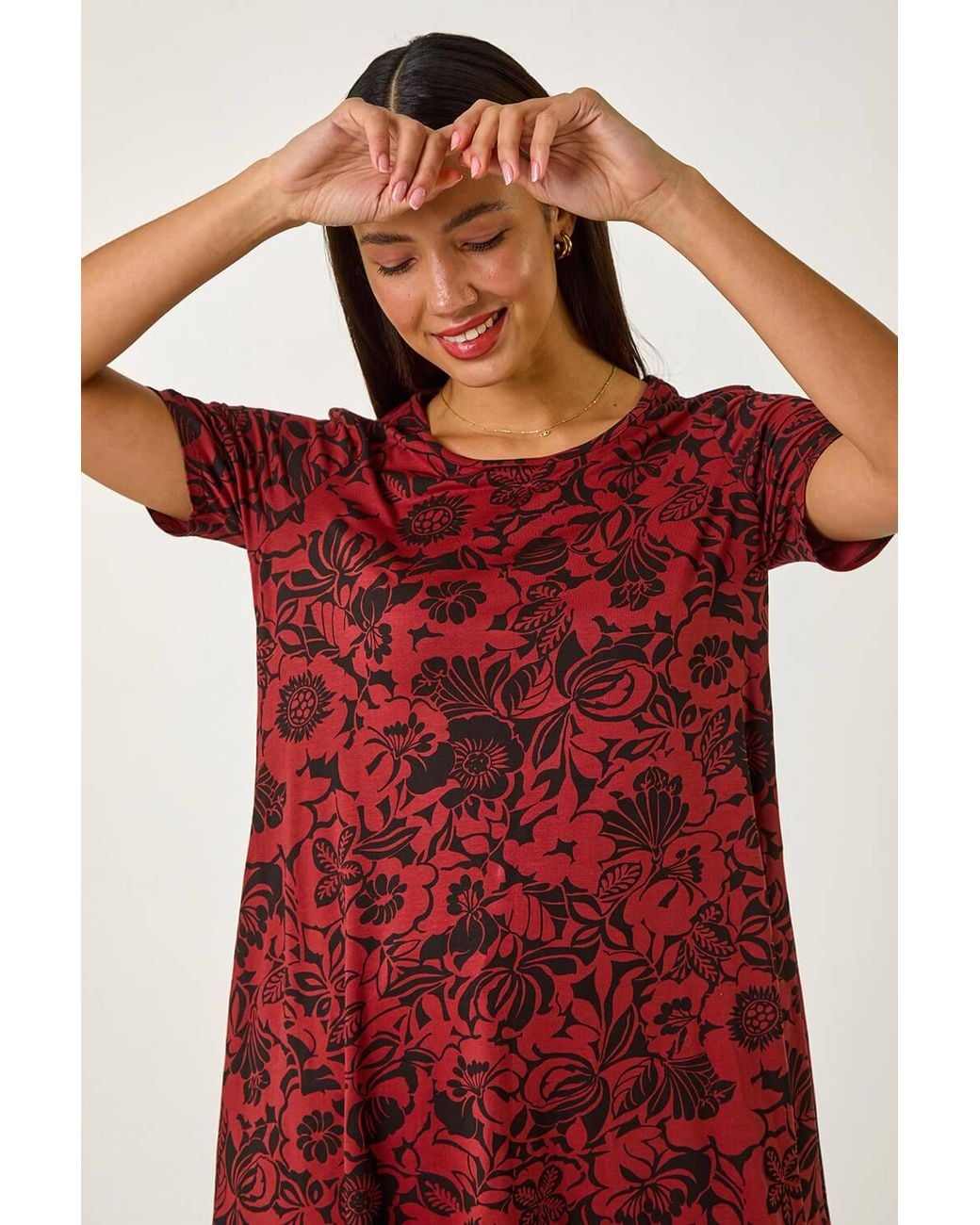 Roman Red Floral Print Hanky Hem Tunic Top