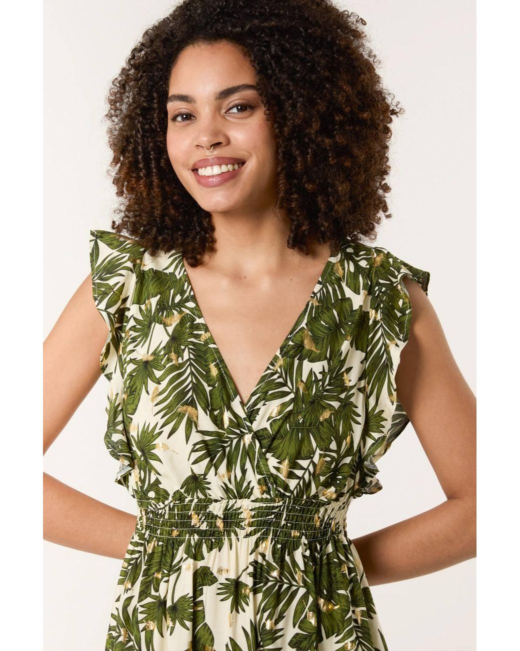 Blue Vanilla Green Shirred Waist Short Sleeve V-Neck Mini Dress