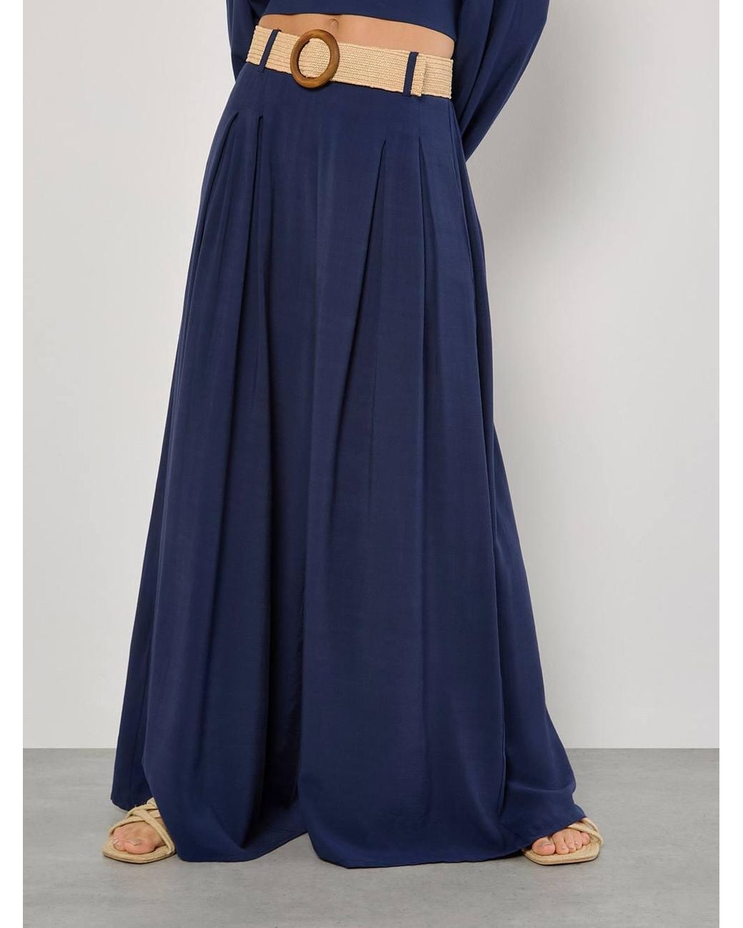 Apricot Blue Pleated Palazzo Trousers W/ Belt