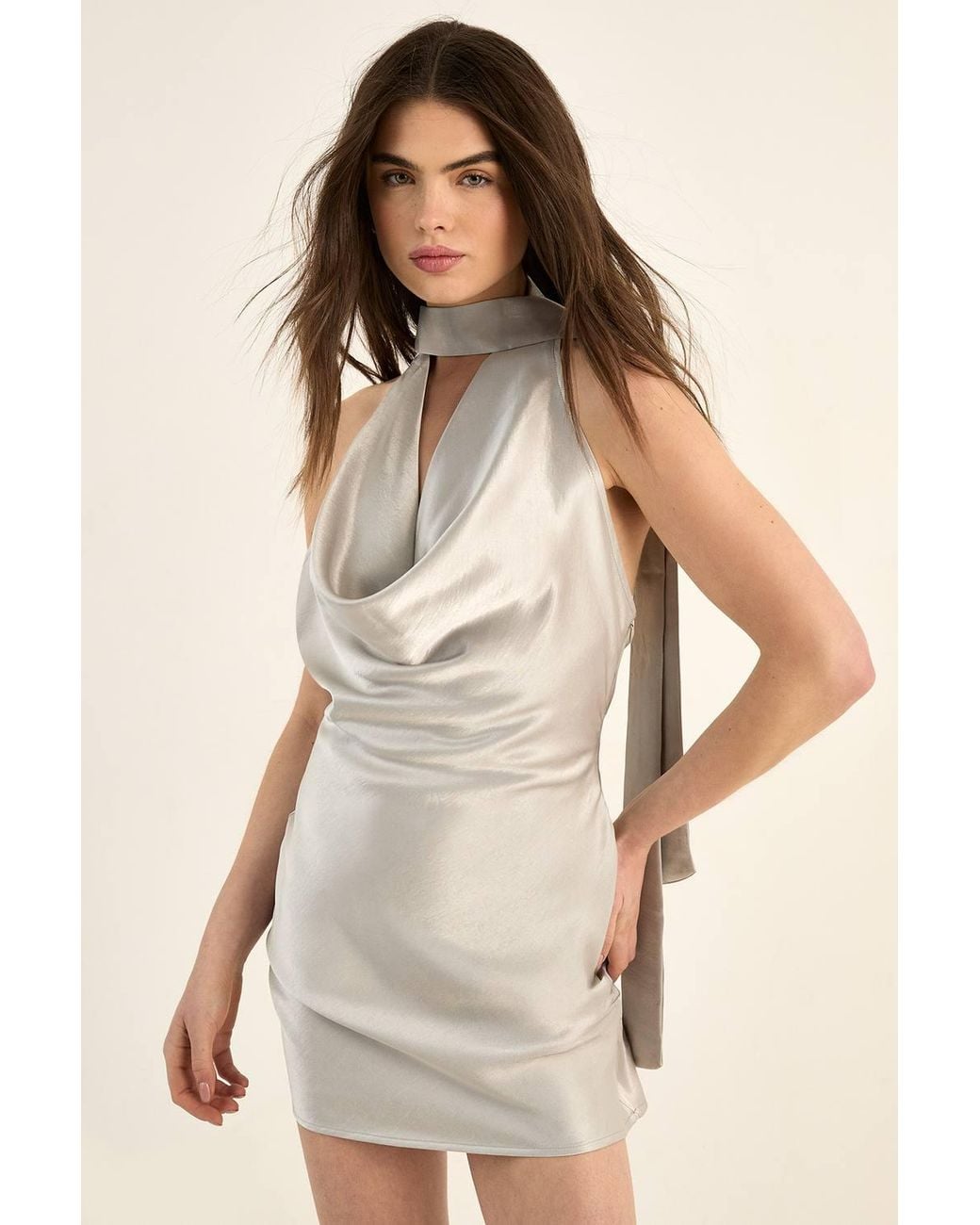 Nasty Gal Natural Satin Wrap Tie Neck Cowl Front Mini Dress