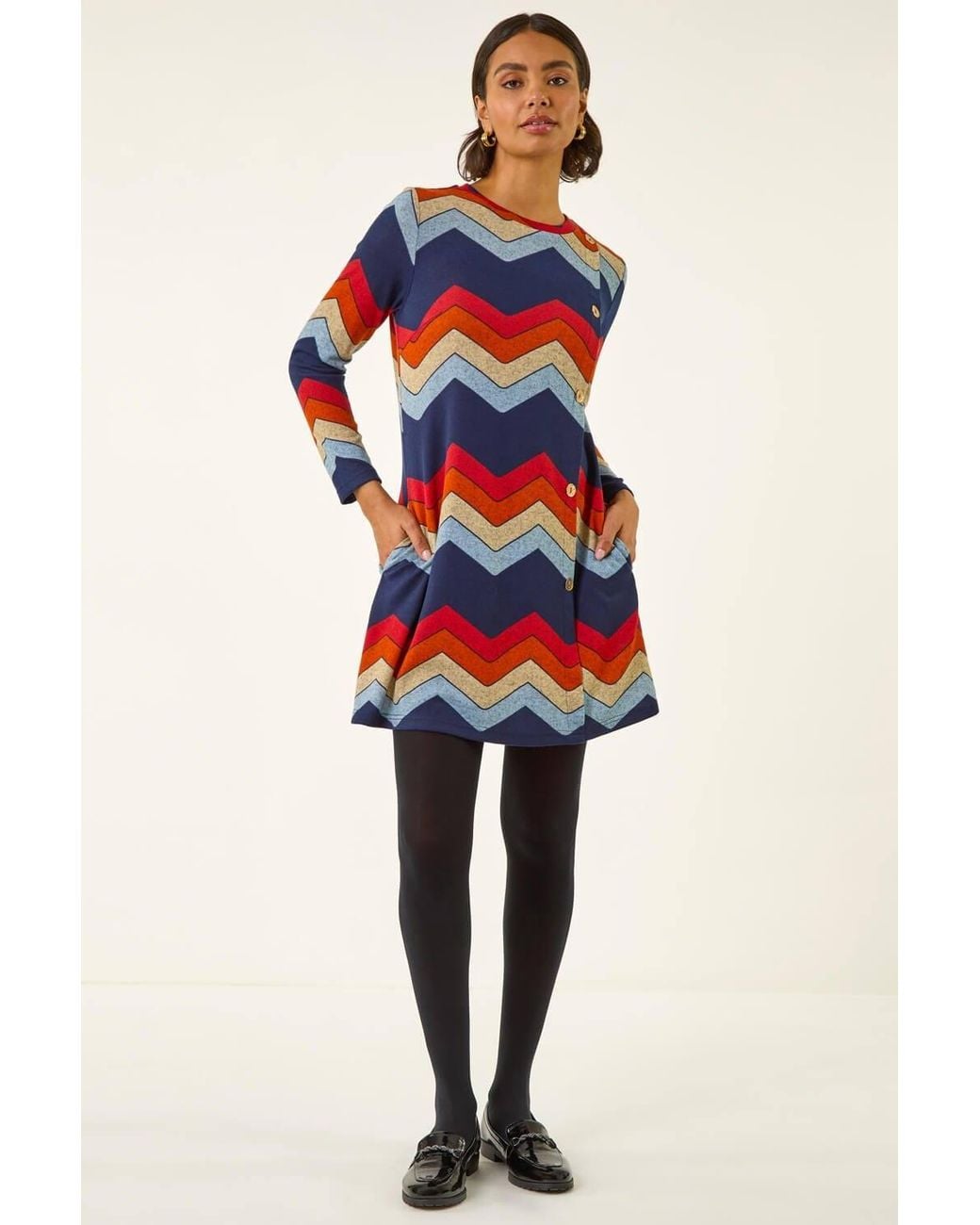 Roman Blue Zig Zag Side Button Dress