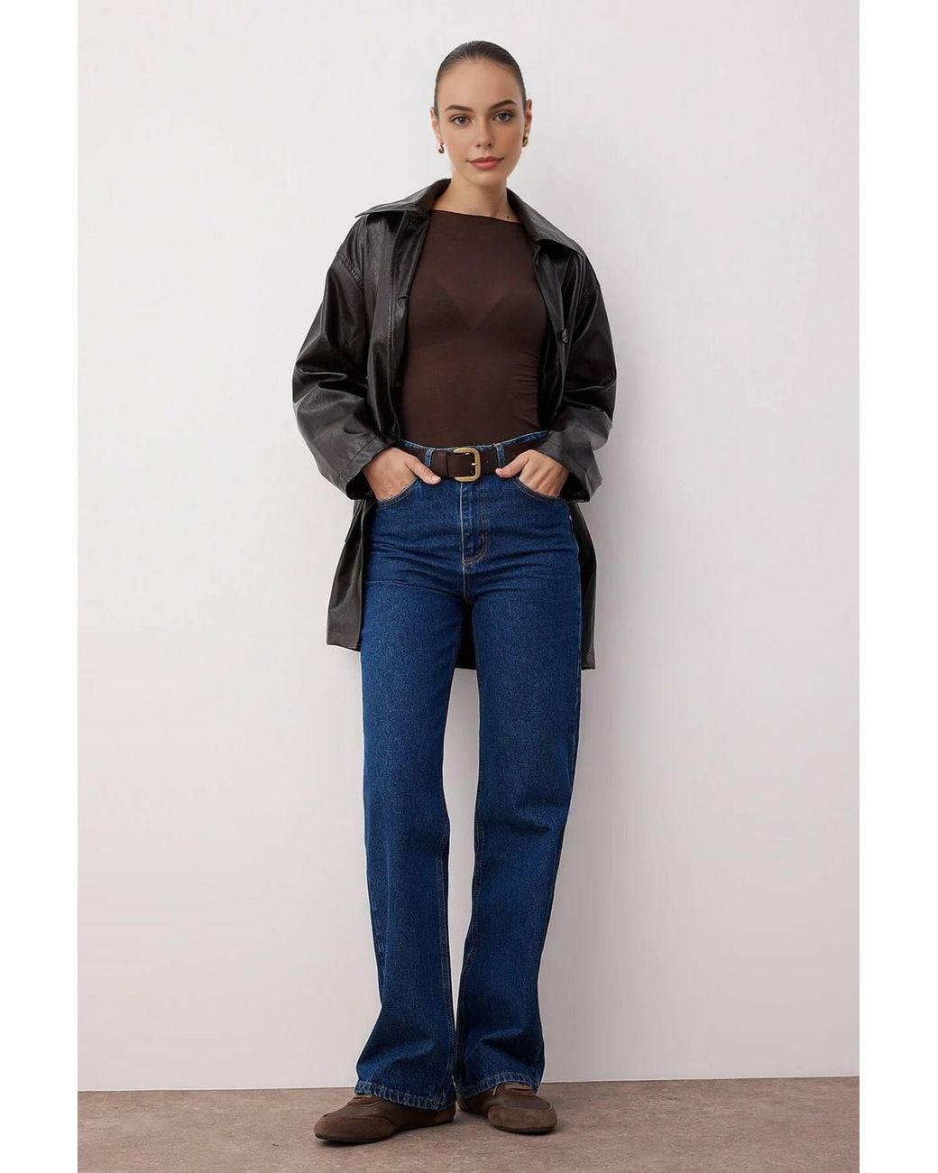WOVCOR Blue High Waist Wide Leg Jeans W/ Pocket Details