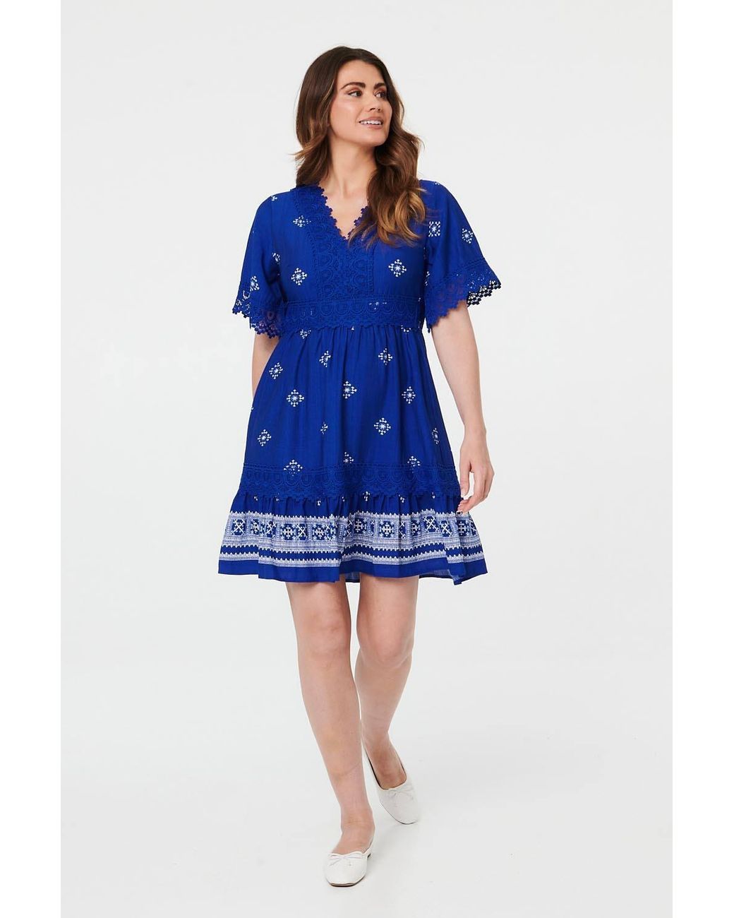 Izabel London Blue Border Print Lace 1/2 Sleeve Short Dress
