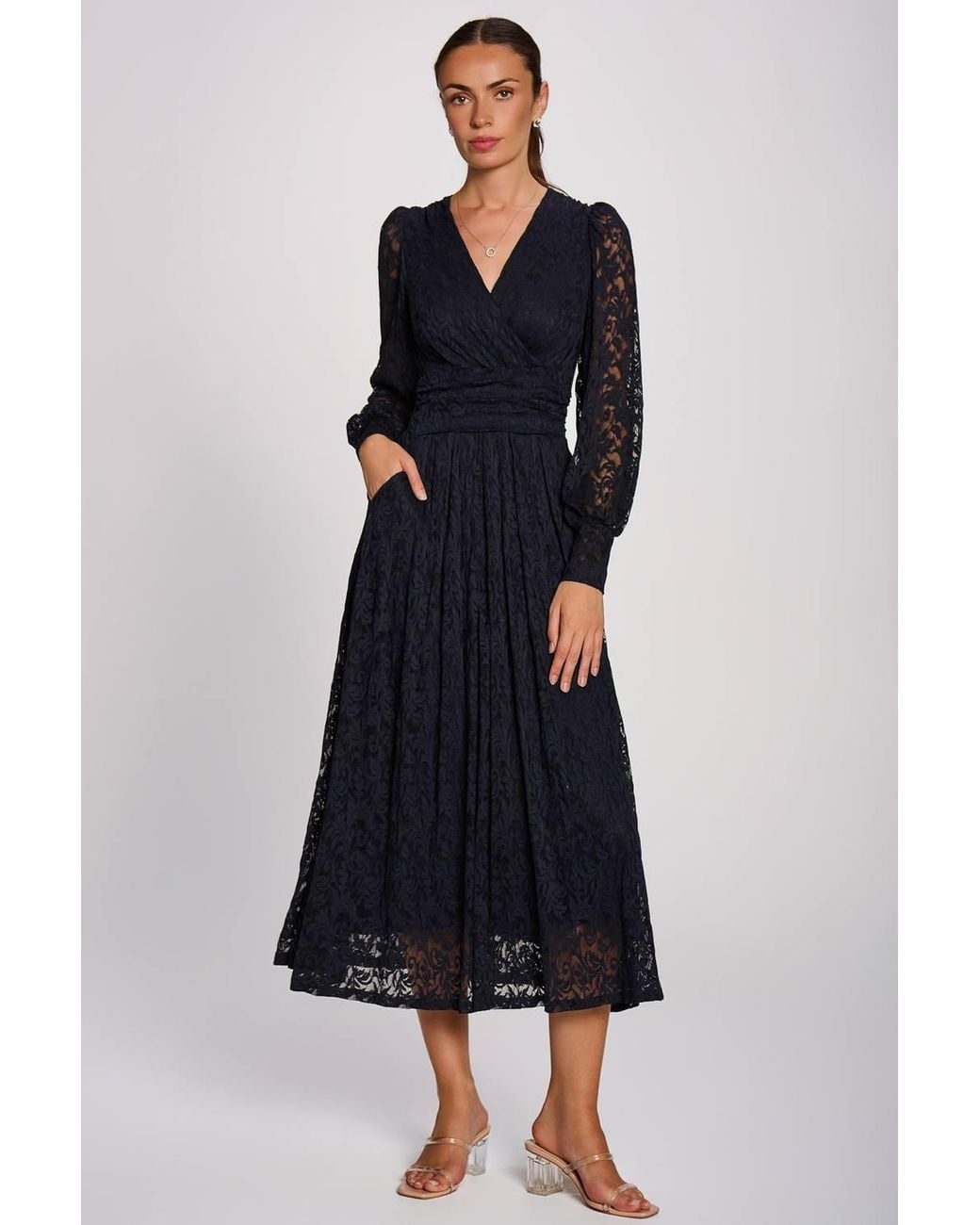 Jolie Moi Blue Long Sleeve Printed Lace Maxi Dress