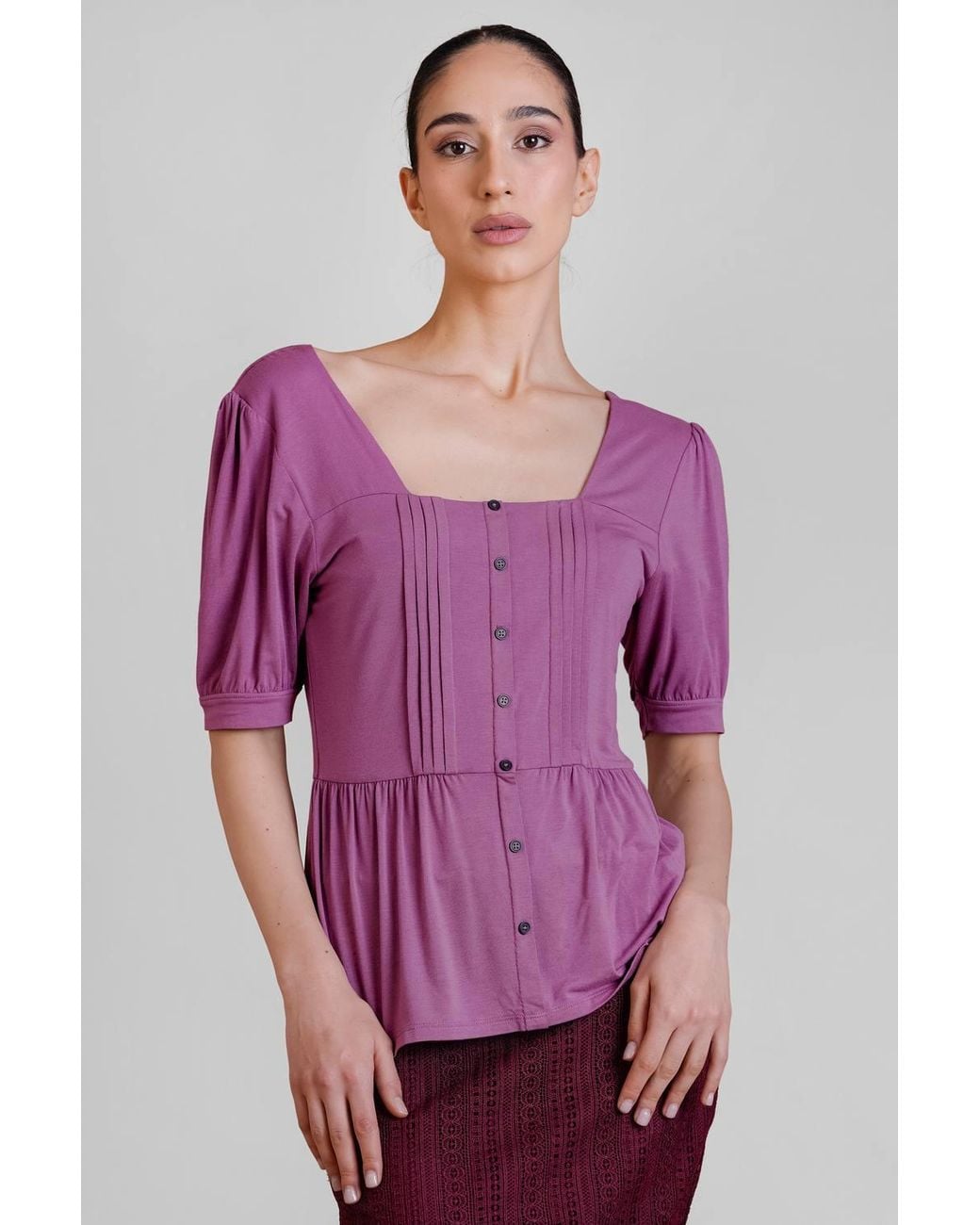 Enorsia Purple Puff Sleeve Squared Neck Top