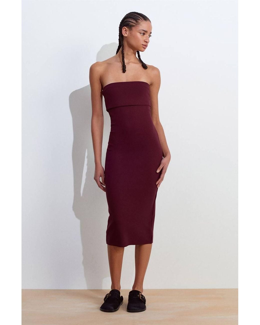 Dilvin Red Strapless Bodycon Midi Dress