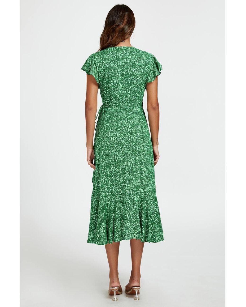 FS Collection Green Floral Frill Sleeve Midi Wrap Dress