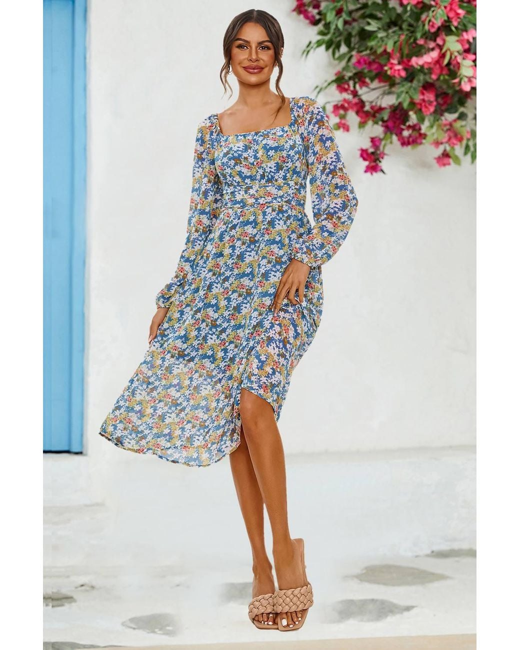 FS Collection Blue Floral Print Long Sleeve Maxi Dress