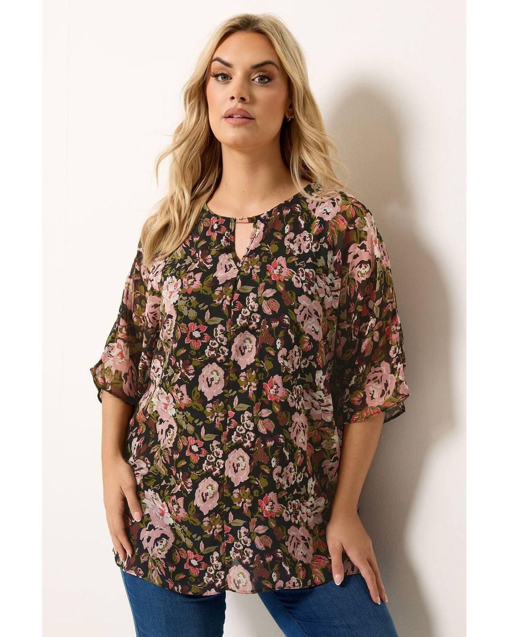 Yours Brown Floral Print Keyhole Detail Top