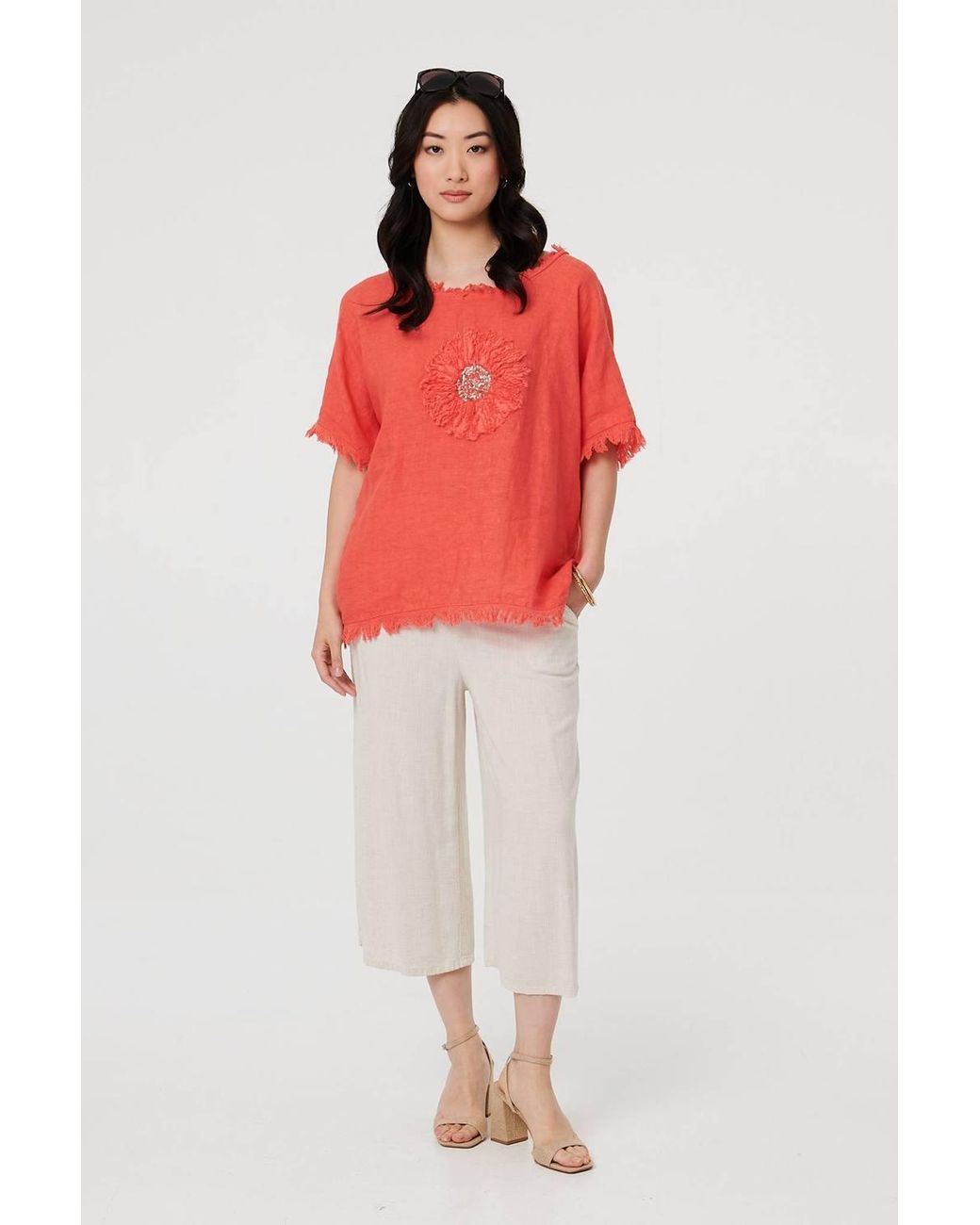 Izabel London Red Frayed Edge Floral Embellished Top