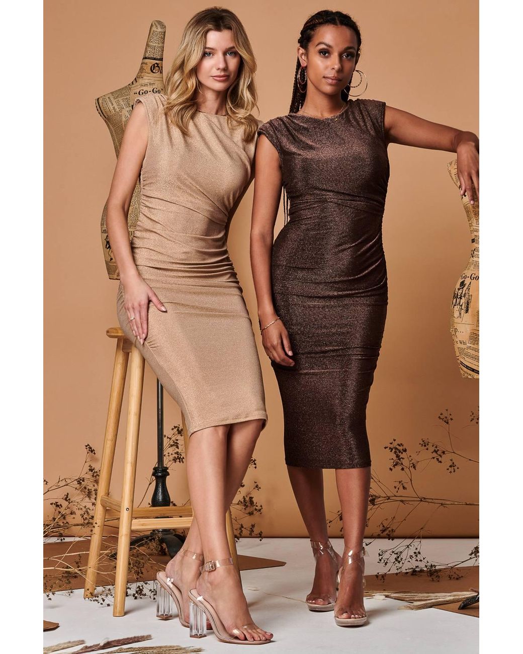 Jolie Moi Brown Metallic Sparkly Ruched Bodycon Dress