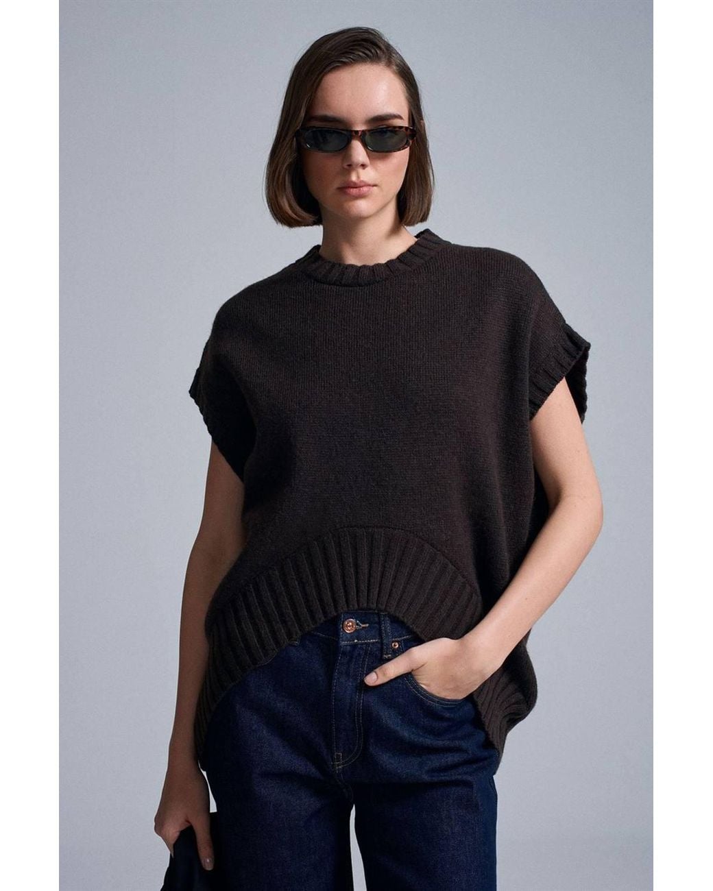 Dilvin Black Oversized Ribbed Knit Sweater Vest