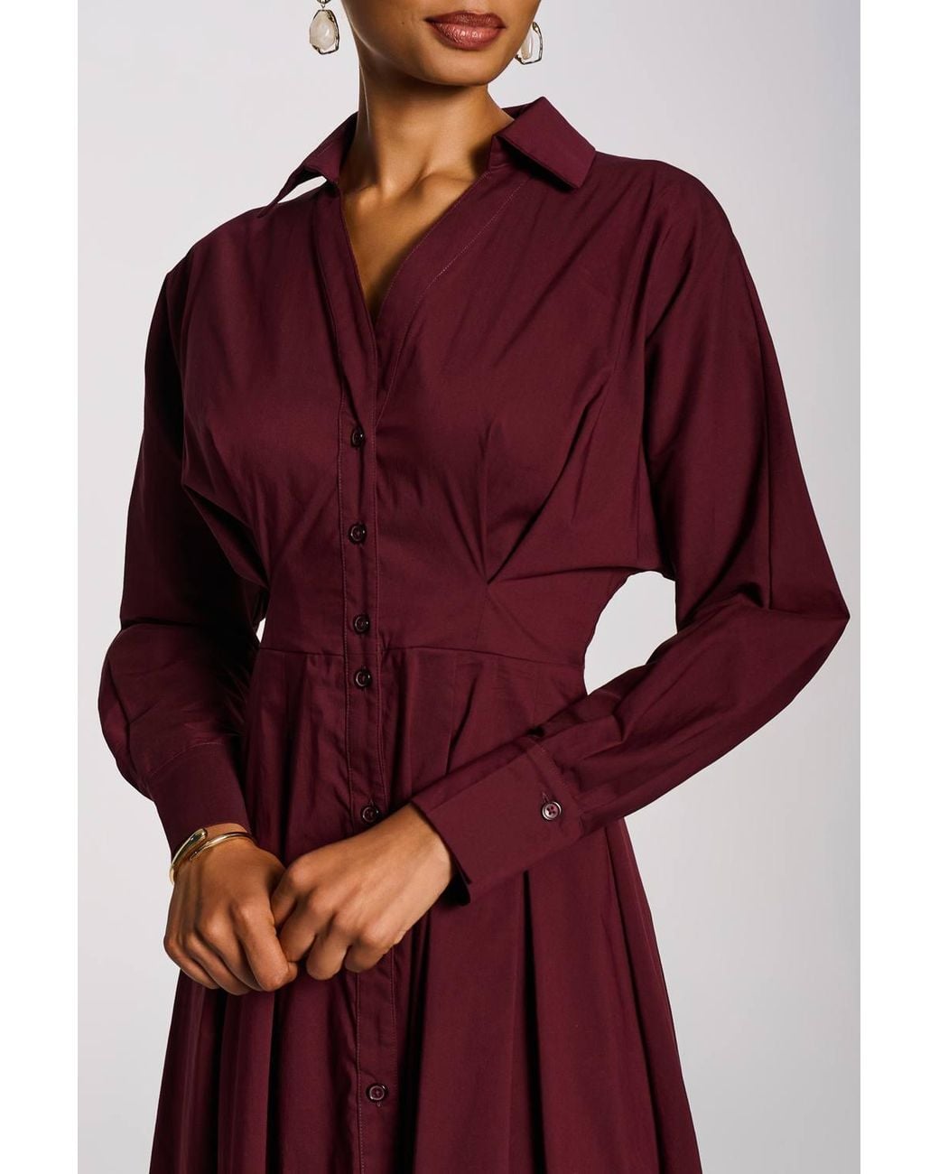 Jolie Moi Red Long Sleeve Cotton Shirt Dress