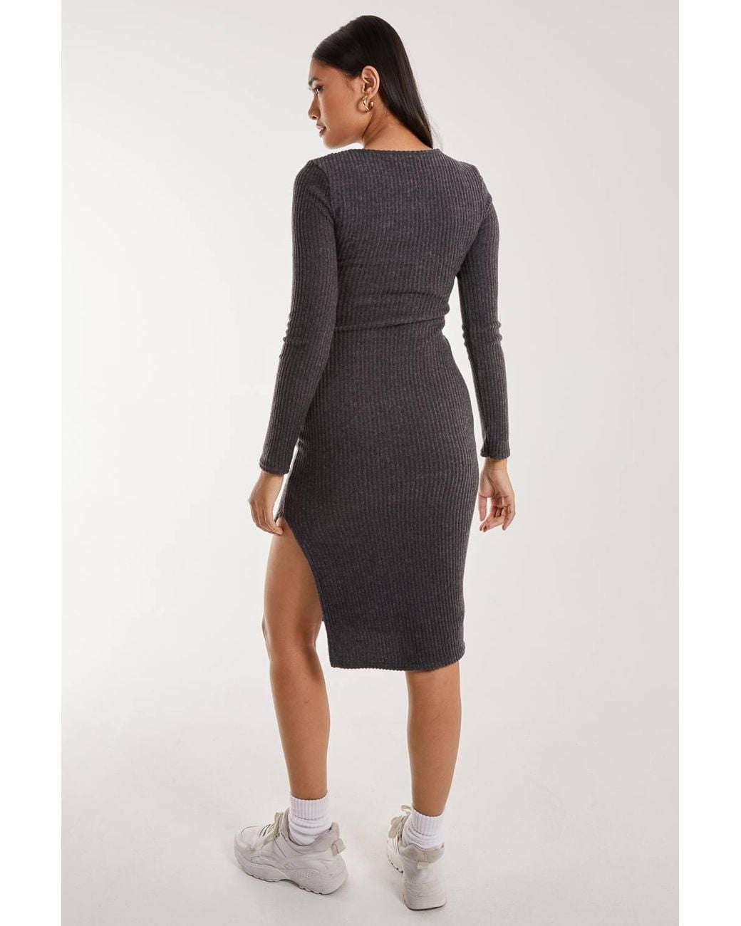 Pink Vanilla Black Soft Brushed Rib Long Sleeve Midi Dress