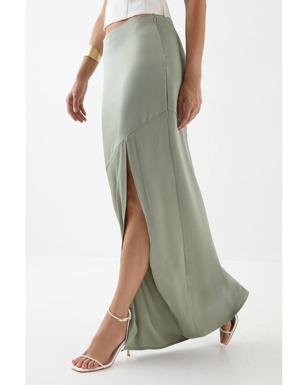 MissPap Green Satin High Waist Maxi Skirt