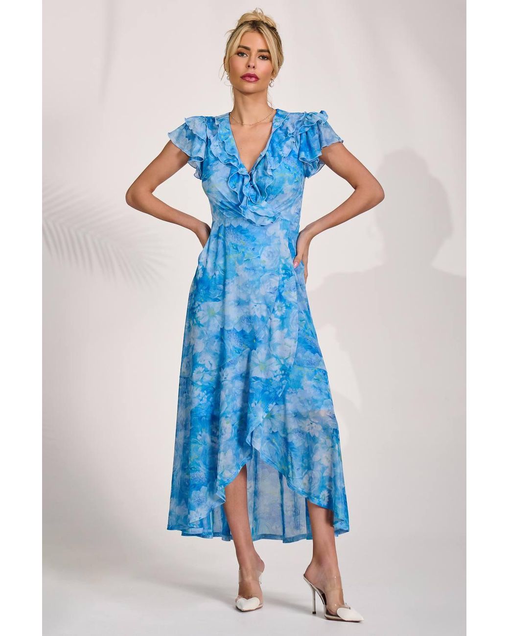 Jolie Moi Blue Ruffled Mesh Maxi Dress