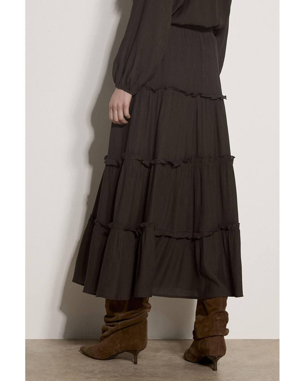 Apricot Brown Ruffle Tiered Maxi Skirt