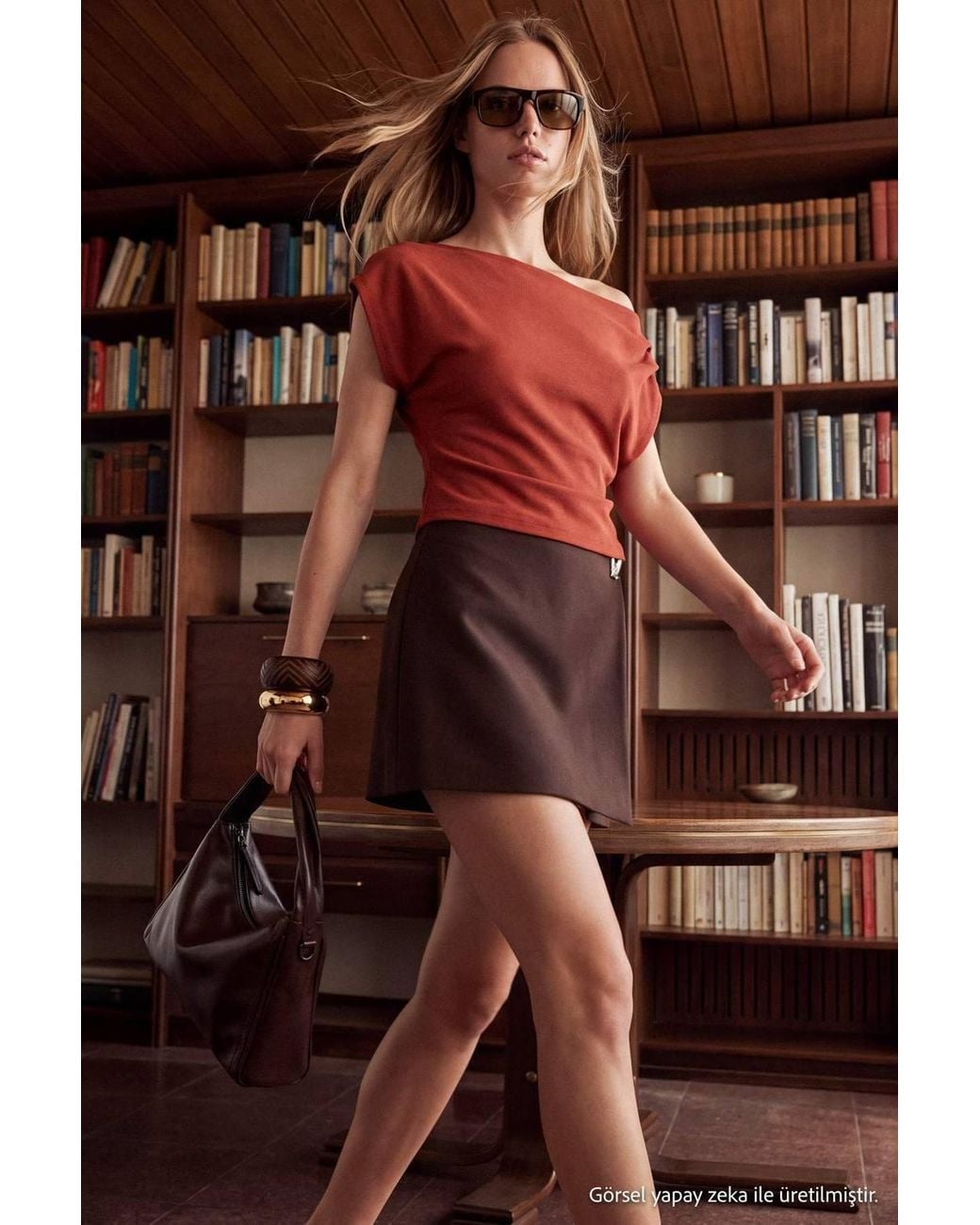 WOVCOR Red Asymmetric Neckline Relaxed Fit Dropped Sleeve Blouse