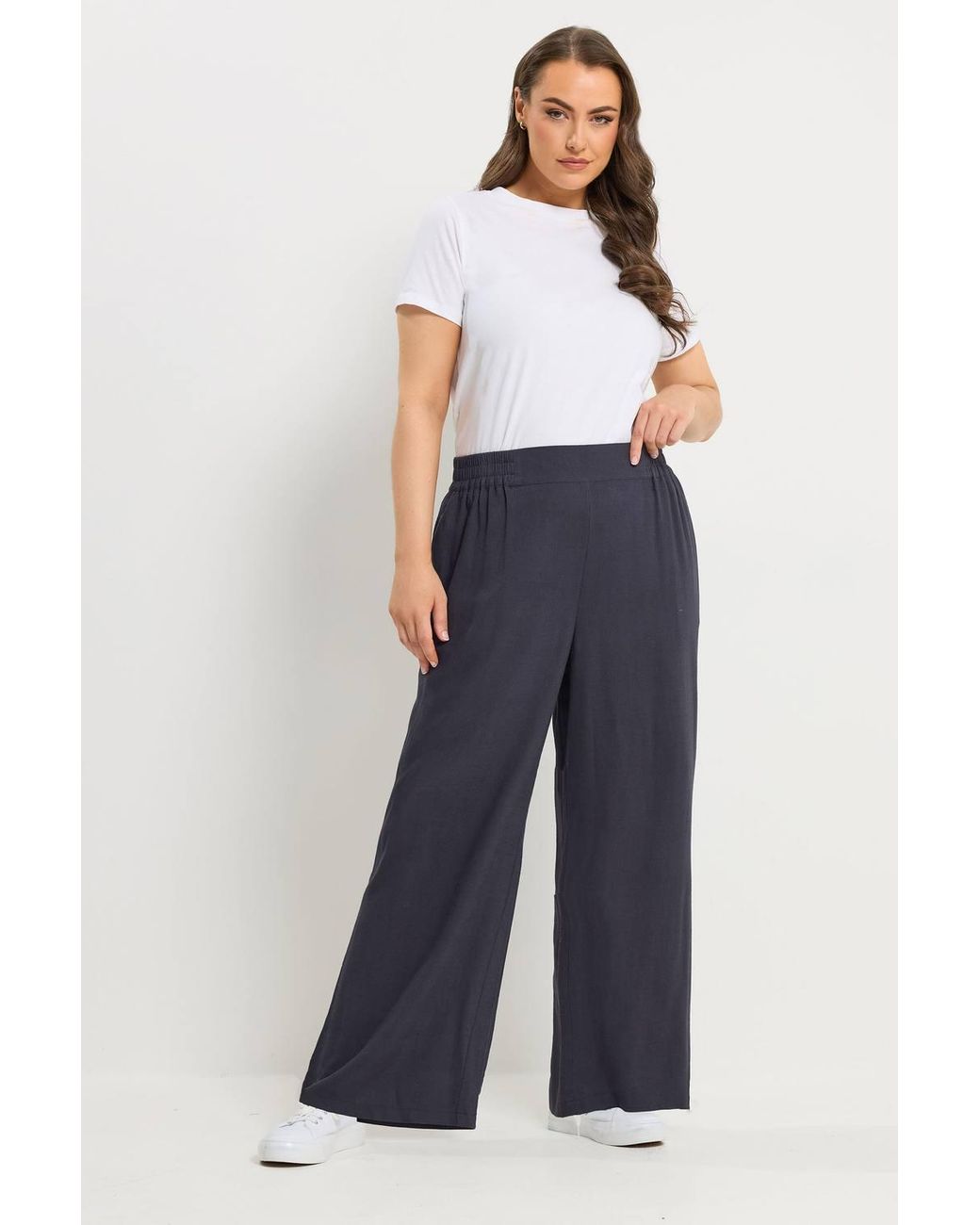 Yours Blue Linen Pull On Wide Leg Trousers