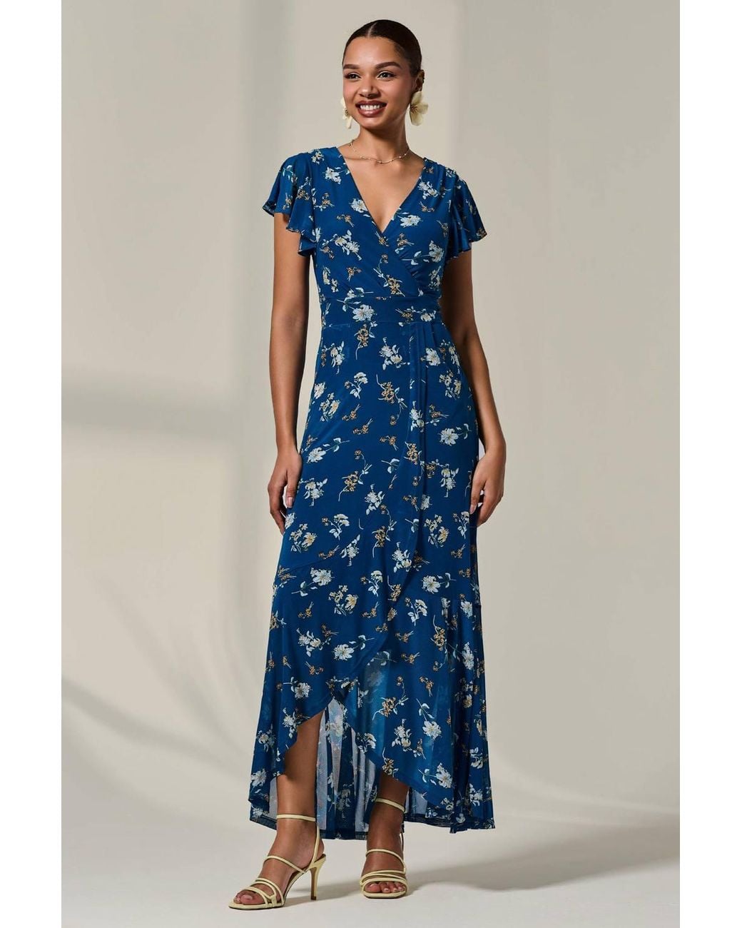Jolie Moi Blue Floral Ruffle Hem Maxi Dress