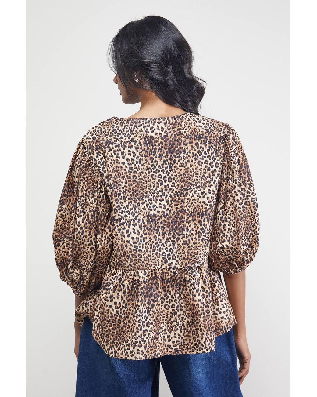 Warehouse Blue Print Poplin Tie Front Volume Sleeve Blouse