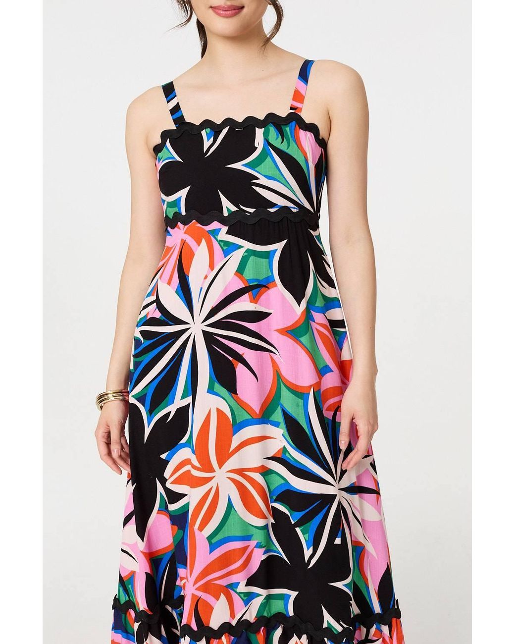 Izabel London Pink Floral Wave Trim Sleeveless Maxi Dress
