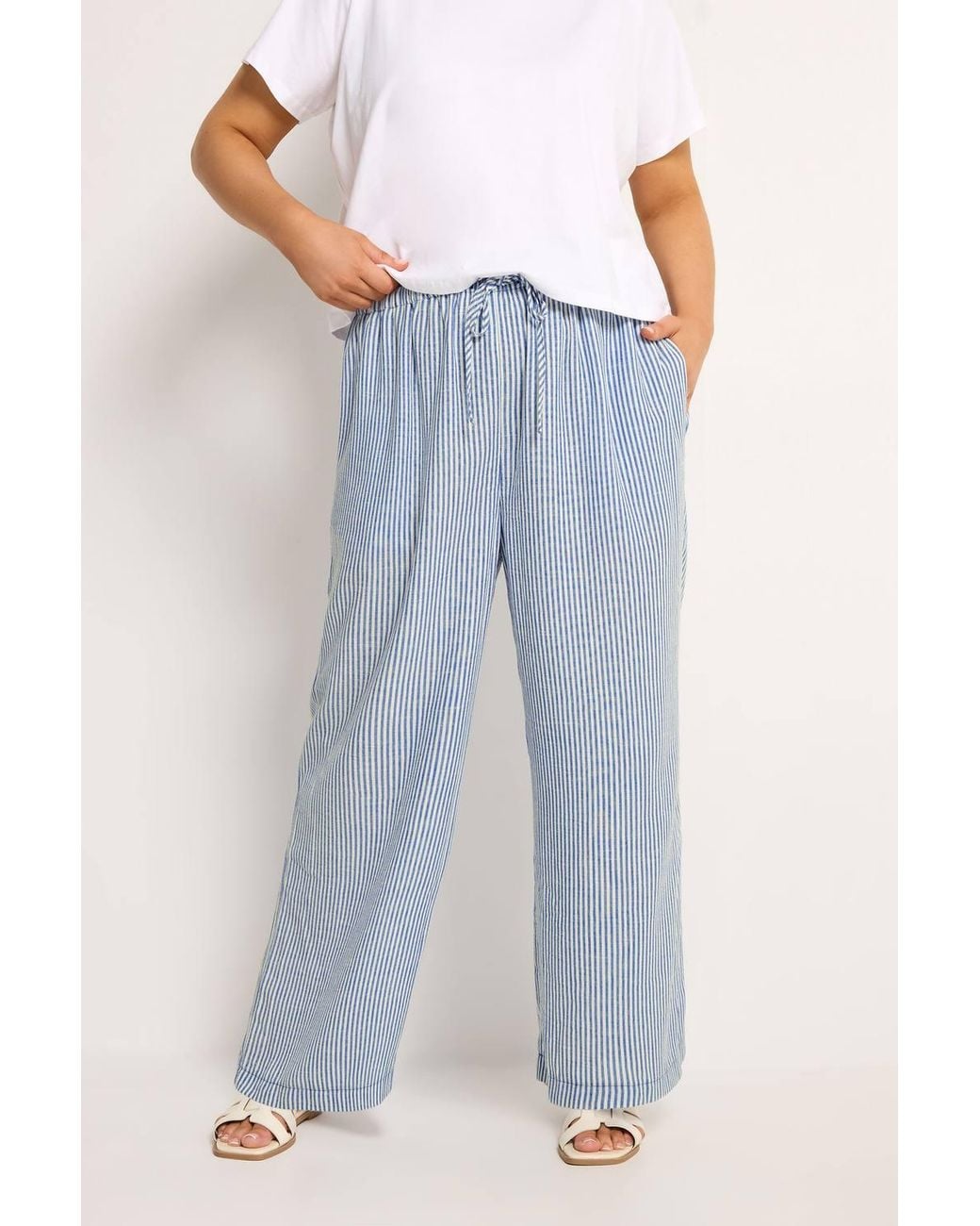 Yours Blue Stripe Linen Look Trousers