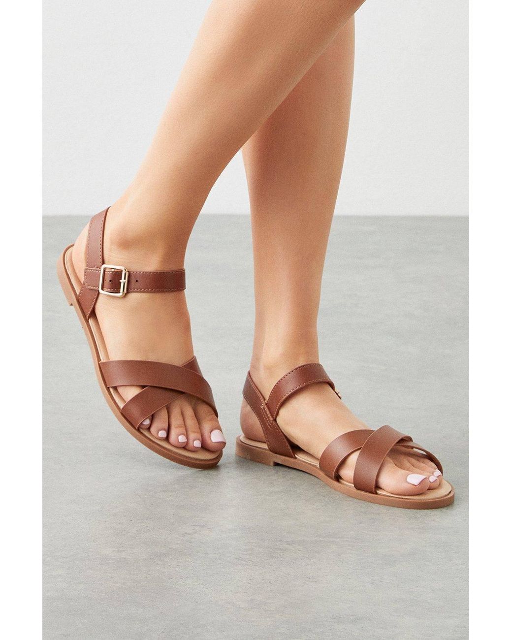 Dorothy Perkins Natural Florence Cross Strap Faux Leather Flat Sandal
