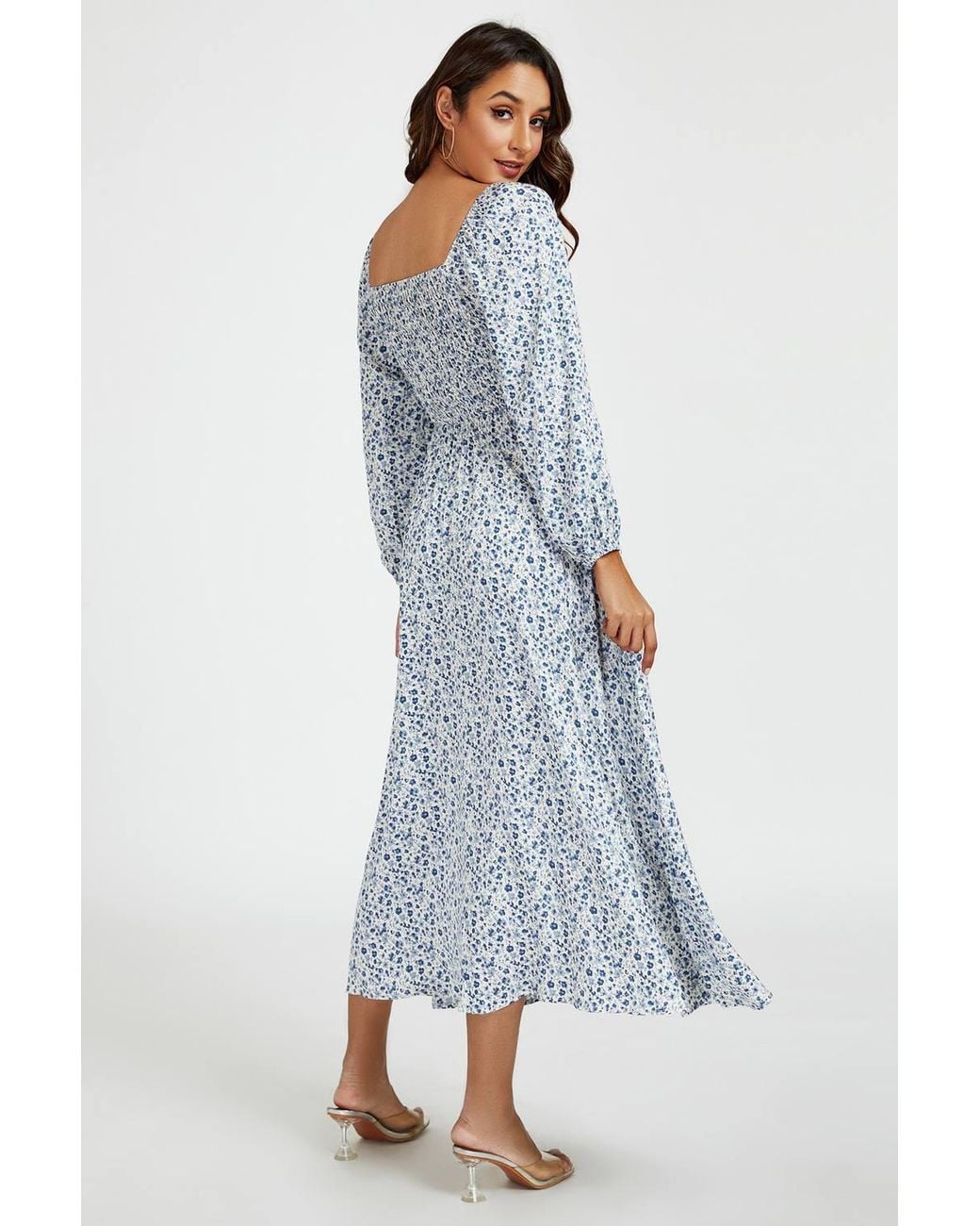 FS Collection Blue Print Square Neck Midi Dress W/ Long Sleeves