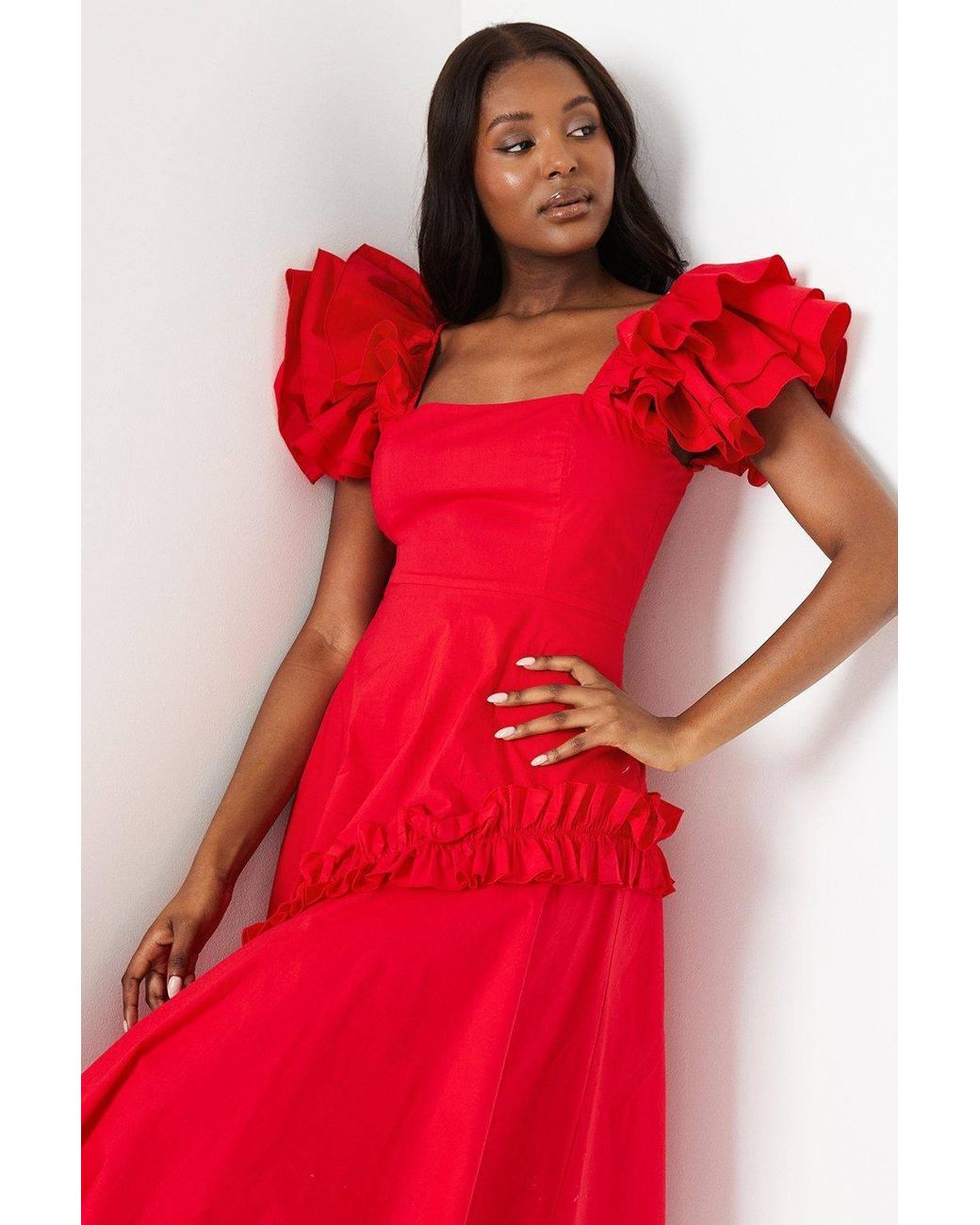 Coast Red Frill Sleeve Ruffle Skirt Cotton Midi Dress