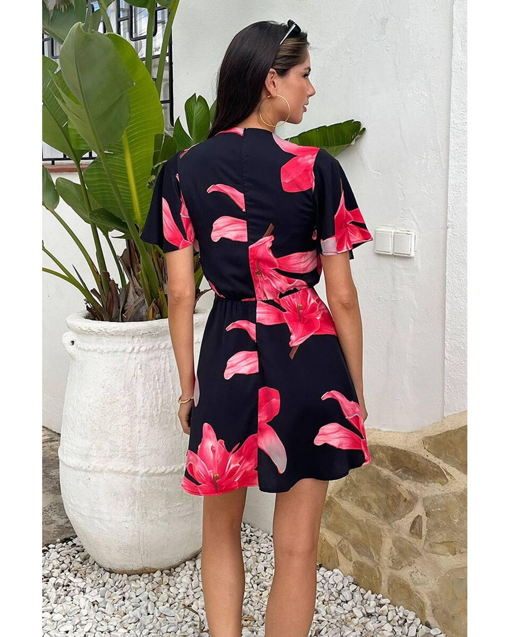 AX Paris Black Cerise Floral Print Wrap Top Skater Mini Dress