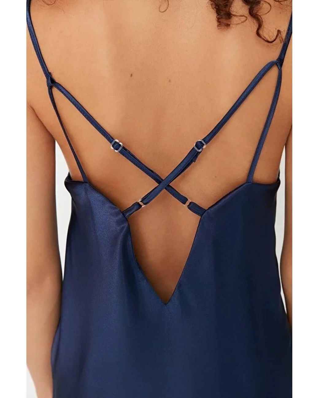 WOVCOR Blue Cowl Neck Back Detail Satin Strappy Mini Nightdress