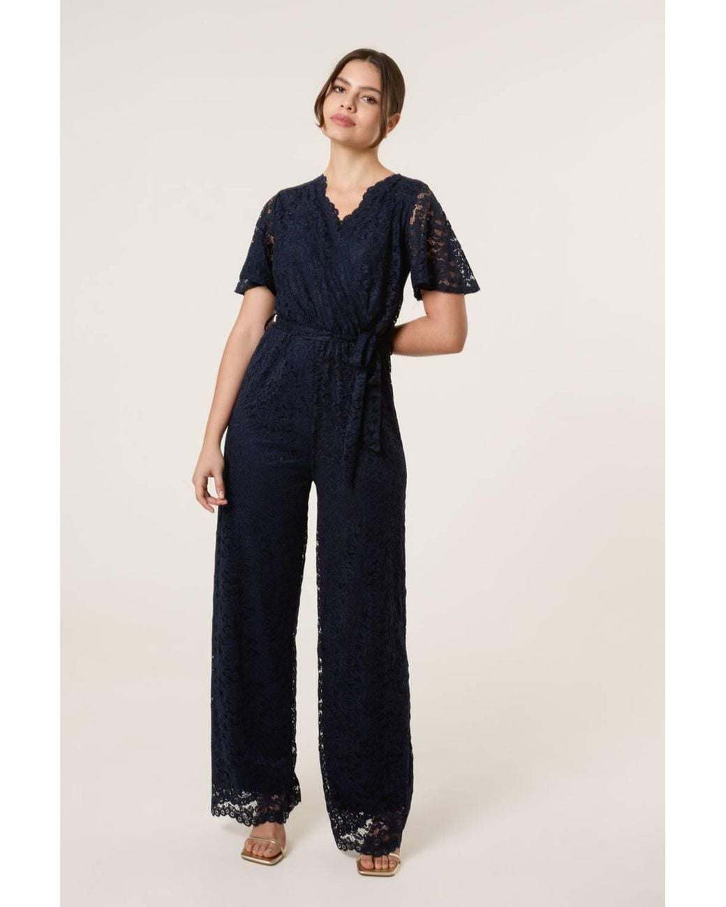 Blue Vanilla Blue Short Sleeve Belted V-Neck Jumpsuit