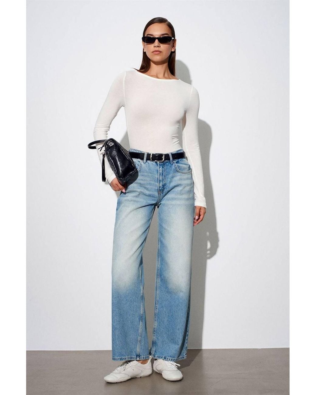 Dilvin White Ribbed Boat Neck Long-Sleeve Blouse