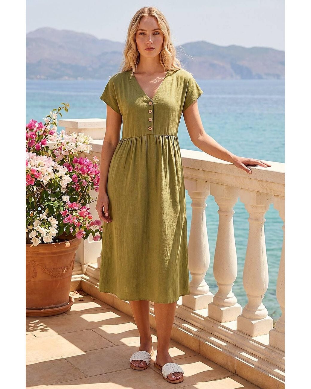 Roman Green Linen Look Button Midi Dress