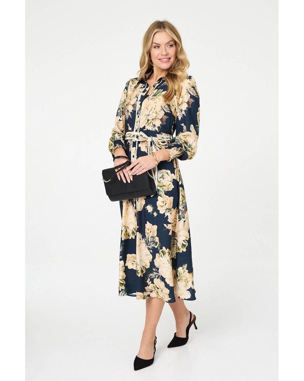 Izabel London White Floral Print Tie Waist Midi Shirt Dress