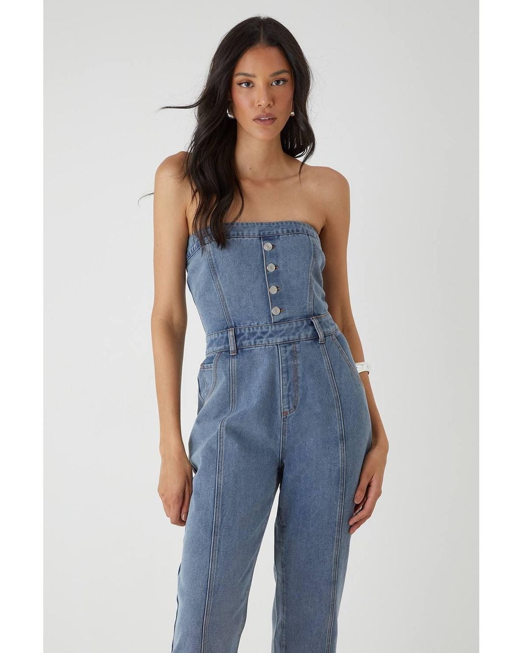 MissPap Blue Bandeau Button Up Denim Jumpsuit