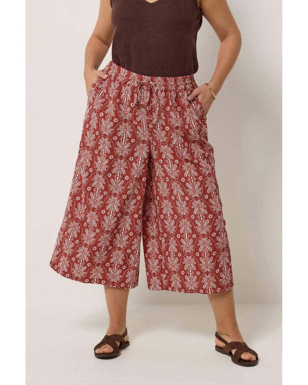 Yours Red Palm Tree Cropped Trousers