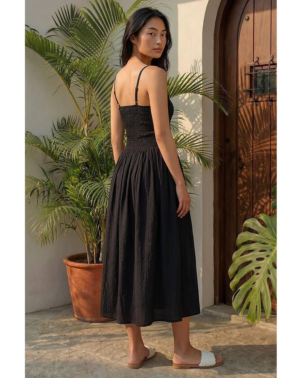 Roman Black Petite Shirred Bodice Midi Dress