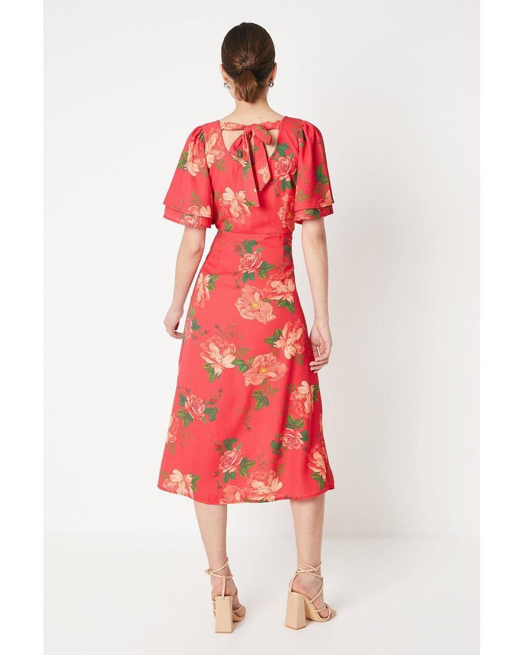 Dorothy Perkins Red Floral Tie Back Flutter Sleeve Midi Dress