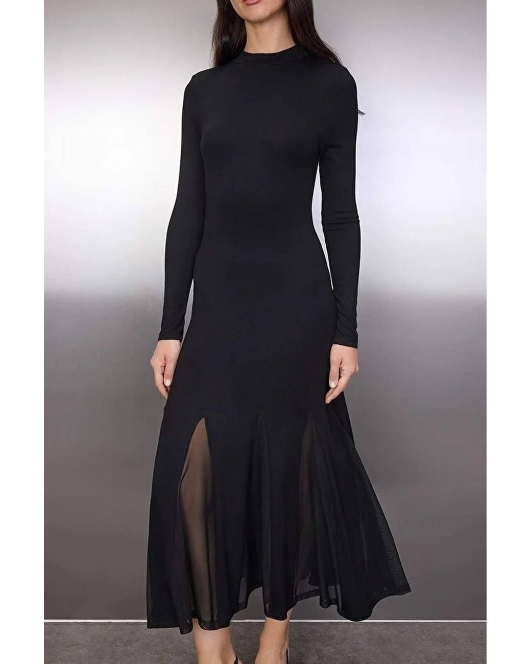 WOVCOR Black Long Sleeve Stretch Knit Maxi Dress W/ Ruffle Hem