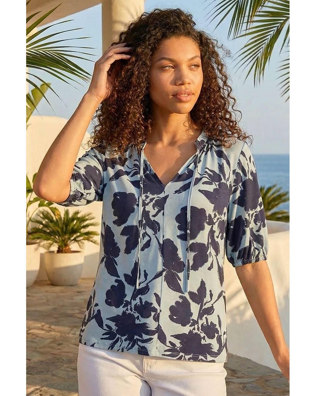 Roman Blue Petite Floral Tie Front Top