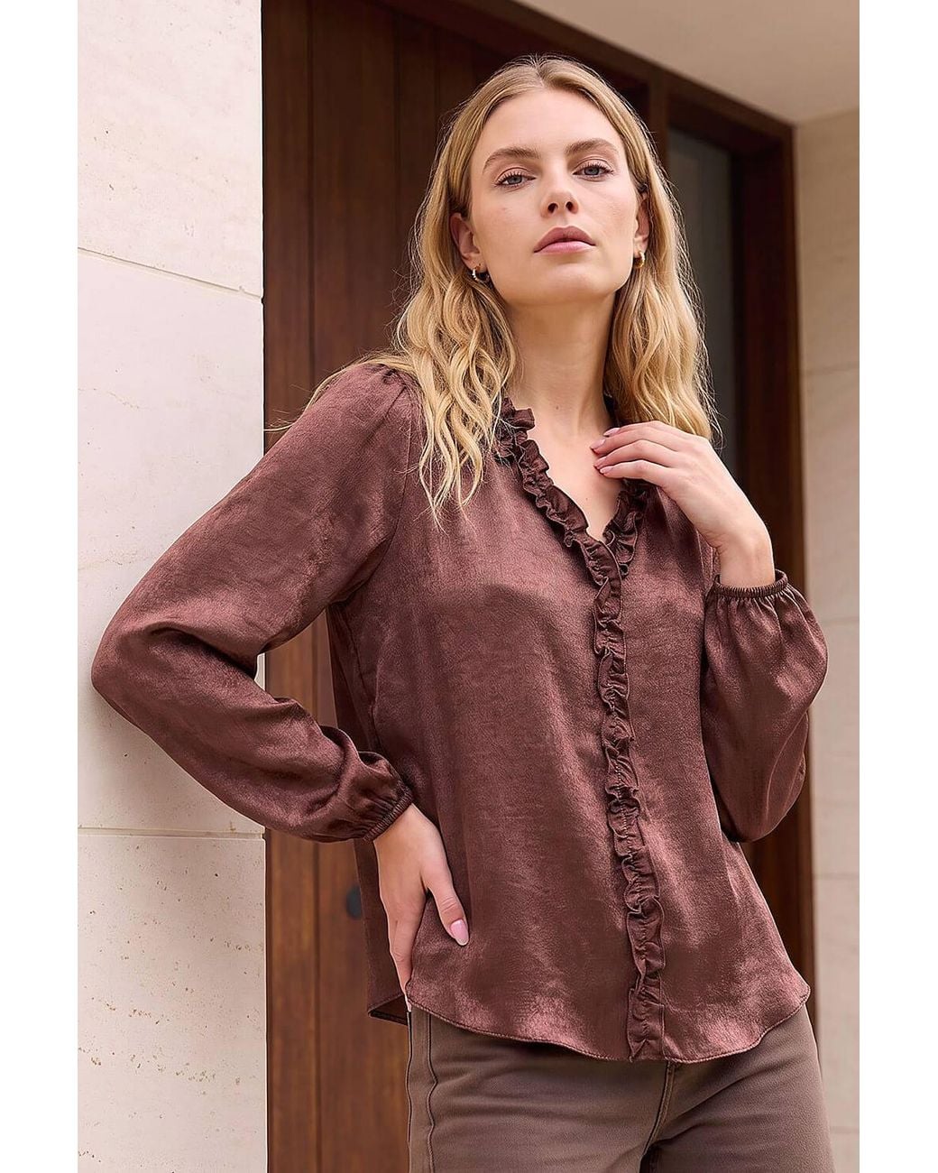 Roman Brown Crinkle Satin Frill V-Neck Top